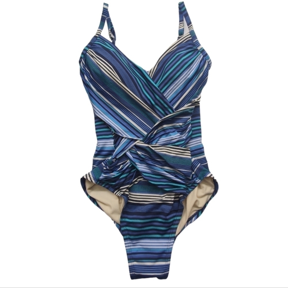 Ruched Swimsuit One Piece Shirred‎ Front Slimming Blue Striped Size Small